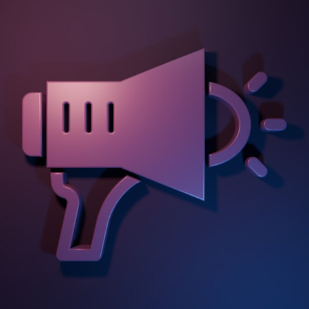 Purple Megaphone icon isolated on purple-blue background. Speaker sign. Minimalism concept. 3D render illustration.の写真素材