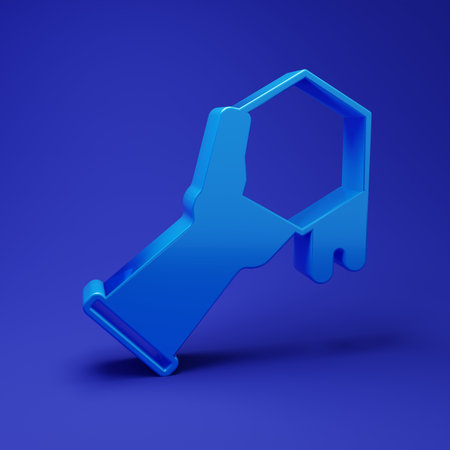 Blue Honeycomb and hand icon isolated on blue background. Honey cells symbol. Sweet natural food. Minimalism concept. 3D render illustration.の写真素材
