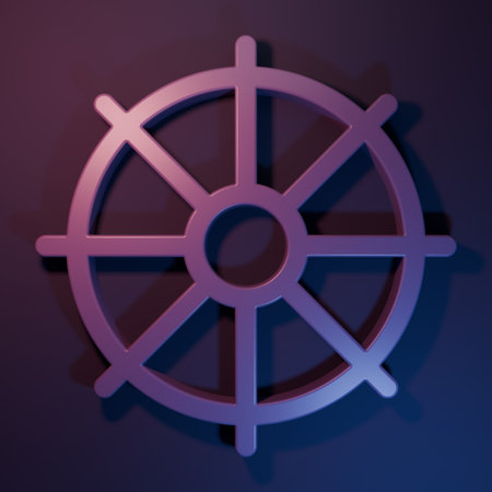 Purple Dharma wheel icon isolated on purple-blue background. Buddhism religion sign. Dharmachakra symbol. Minimalism concept. 3D render illustration.の写真素材