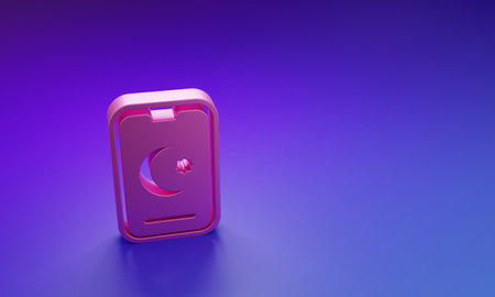 Pink Star and crescent - symbol of Islam icon isolated on purple-blue background. Religion symbol. Minimalism concept. 3D render illustration.の写真素材