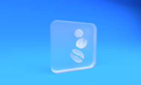 Frosted glass Coffee beans icon isolated on blue background. Square frosted glass button. 3D render illustration.の写真素材
