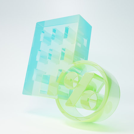 Frosted glass House with percant discount tag icon isolated on white background. Real estate home. Credit percentage symbol. Minimalism concept. 3D render illustration.の写真素材