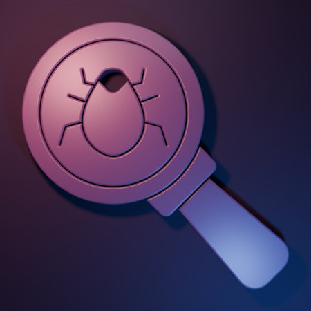 Purple System bug concept icon isolated on purple-blue background. Code bug concept. Bug in the system. Bug searching. Minimalism concept. 3D render illustration.の写真素材