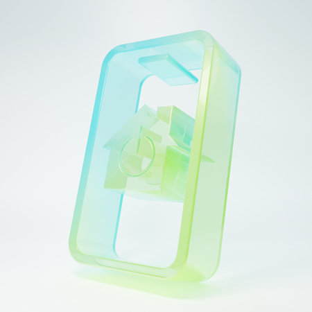 Frosted glass Mobile phone with smart home icon isolated on white background. Remote control. Minimalism concept. 3D render illustration.の写真素材