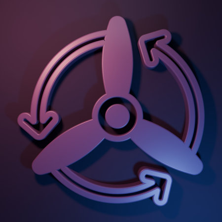 Purple Wind turbine icon isolated on purple-blue background. Wind generator sign. Windmill for electric power production. Minimalism concept. 3D render illustration.の写真素材