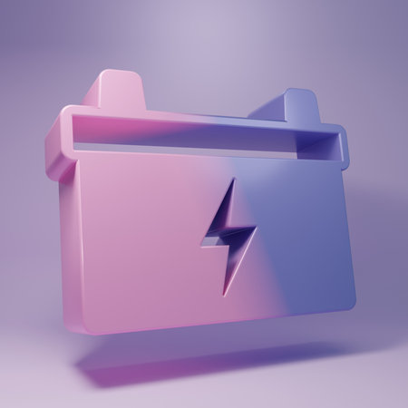 Purple Car battery icon isolated on purple background. Accumulator battery energy power and electricity accumulator battery. Minimalism concept. 3D render illustration.の写真素材