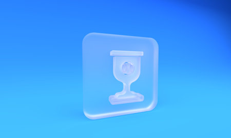 Frosted glass Award cup with baseball ball icon isolated on blue background. Winner trophy symbol. Championship or competition trophy. Sports achievement. Square frosted glass button. 3D illustration.の写真素材