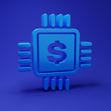 Blue Processor chip with dollar icon isolated on blue background. CPU and a dollar sign. Minimalism concept. 3D render illustration.の写真素材