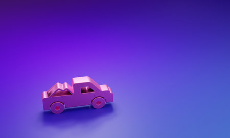 Pink Pickup truck icon isolated on purple-blue background. Minimalism concept. 3D render illustration.の写真素材
