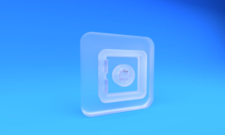 Frosted glass Safe icon isolated on blue background. The door safe a bank vault with a combination lock. Reliable Data Protection. Square frosted glass button. 3D render illustration.の写真素材