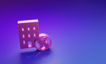 Pink House with percant discount tag icon isolated on purple-blue background. Real estate home. Credit percentage symbol. Minimalism concept. 3D render illustration.の写真素材