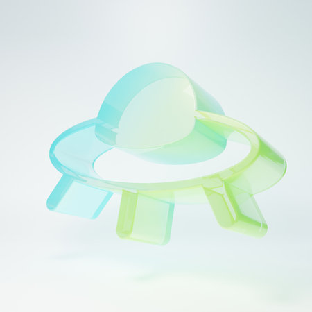 Frosted glass UFO flying spaceship icon isolated on white background. Flying saucer. Alien space ship. Futuristic unknown flying object. Minimalism concept. 3D render illustration.の写真素材