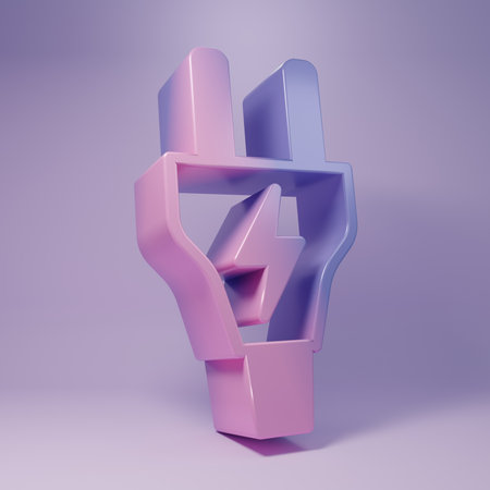 Purple Electric plug icon isolated on purple background. Concept of connection and disconnection of the electricity. Minimalism concept. 3D render illustration.の写真素材