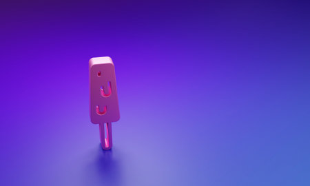Pink Ice cream on stick icon isolated on purple-blue background. Sweet symbol. Minimalism concept. 3D render illustration.の写真素材