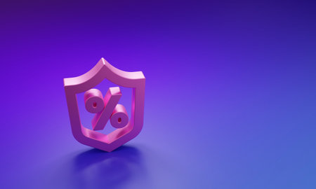 Pink Loan percent icon isolated on purple-blue background. Protection shield sign. Credit percentage symbol. Minimalism concept. 3D render illustration.の写真素材