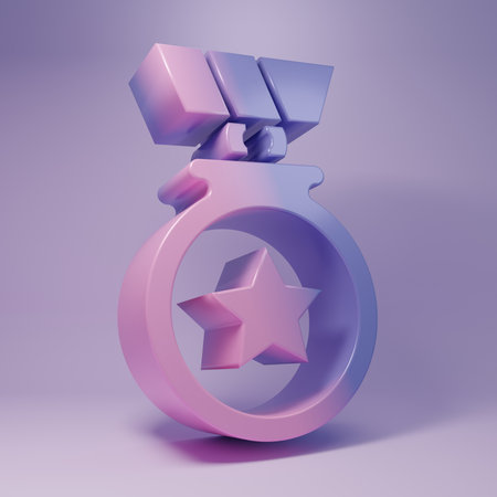 Purple Medal with star icon isolated on purple background. Winner achievement sign. Award medal. Minimalism concept. 3D render illustration.の写真素材