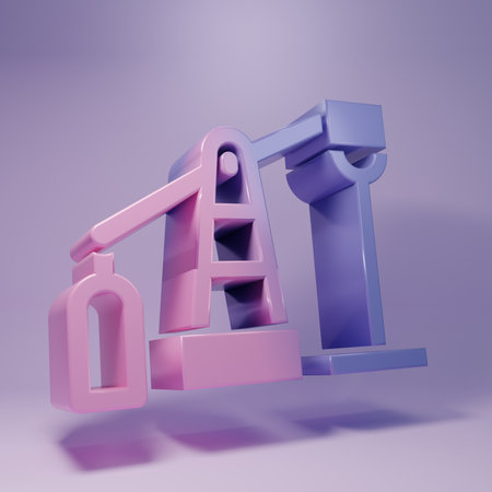 Purple Oil pump or pump jack icon isolated on purple background. Minimalism concept. 3D render...