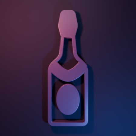 Purple Champagne bottle icon isolated on purple-blue background. Minimalism concept. 3D render illustration.の写真素材