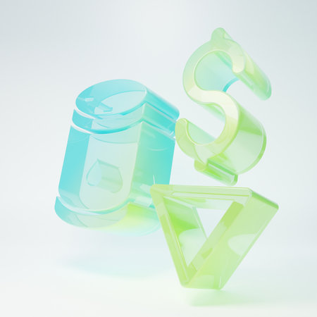 Frosted glass Drop in crude oil price icon isolated on white background. Oil industry crisis concept. Minimalism concept. 3D render illustration.の写真素材