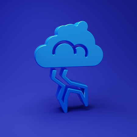 Blue Storm icon isolated on blue background. Cloud and lightning sign. Weather icon of storm. Minimalism concept. 3D render illustration.の写真素材