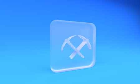 Frosted glass Crossed pickaxe icon isolated on blue background. Square frosted glass button. 3D render illustration.の写真素材