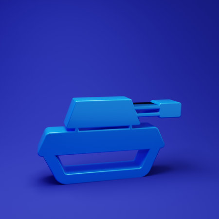Blue Military tank icon isolated on blue background. Minimalism concept. 3D render illustration.の写真素材