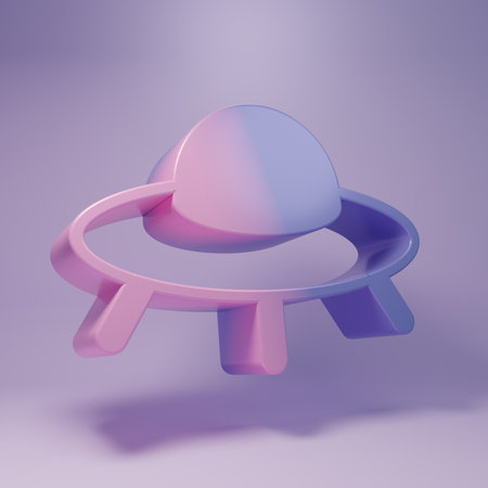 Purple UFO flying spaceship icon isolated on purple background. Flying saucer. Alien space ship. Futuristic unknown flying object. Minimalism concept. 3D render illustration.の写真素材