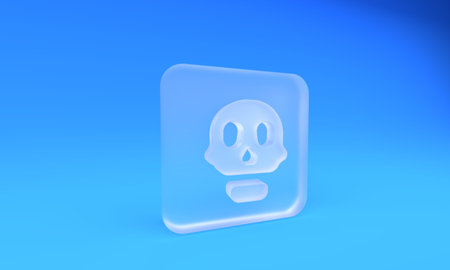 Frosted glass Skull icon isolated on blue background. Happy Halloween party. Square frosted glass button. 3D render illustration.の写真素材