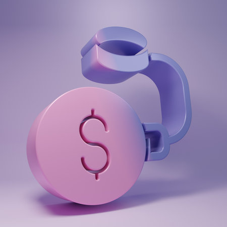 Purple Debt ball chained to dollar coin icon isolated on purple background. Big heavy debt weight...