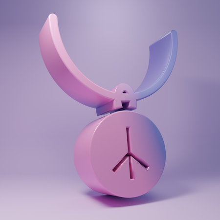 Purple Necklace with peace symbol icon isolated on purple background. Hippie symbol of peace. Minimalism concept. 3D render illustration.の写真素材