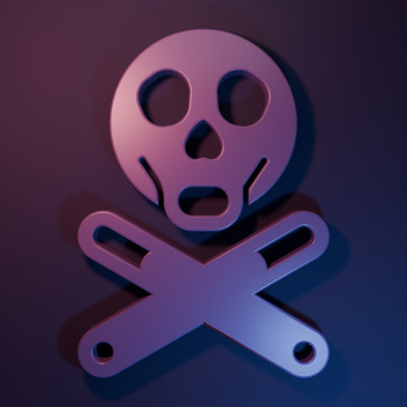 Purple Bones and skull as a sign of toxicity warning icon isolated on purple-blue background. Minimalism concept. 3D render illustration.の写真素材