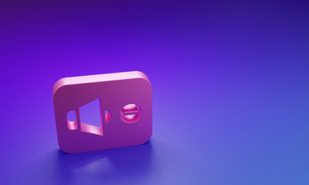 Pink Speaker mute icon isolated on purple-blue background. No sound icon. Volume Off symbol. Minimalism concept. 3D render illustration.の写真素材