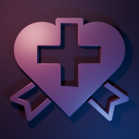 Purple Heart with a cross icon isolated on purple-blue background. First aid. Healthcare, medical and pharmacy sign. Minimalism concept. 3D render illustration.の写真素材