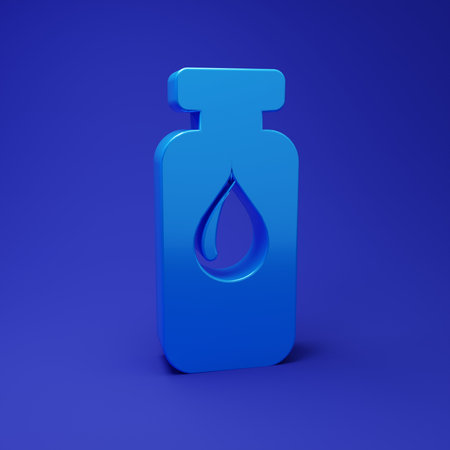 Blue Medical vial, ampoule, bottle icon isolated on blue background. Vaccination, injection, vaccine healthcare concept. Minimalism concept. 3D render illustration.の写真素材