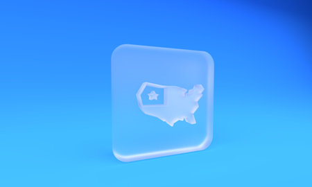 Frosted glass USA map icon isolated on blue background. Map of the United States of America. Square frosted glass button. 3D render illustration.の写真素材