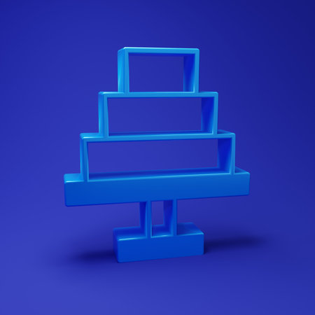 Blue Cake icon isolated on blue background. Happy Birthday. Minimalism concept. 3D render illustration.の写真素材