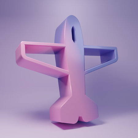 Purple Plane icon isolated on purple background. Flying airplane icon. Airliner sign. Minimalism concept. 3D render illustration.の写真素材