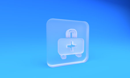 Frosted glass First aid kit icon isolated on blue background. Medical box with cross. Medical equipment for emergency. Healthcare concept. Square frosted glass button. 3D render illustration.の写真素材