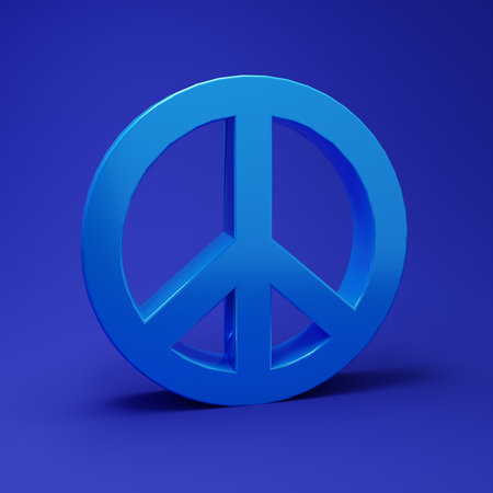 Blue Peace icon isolated on blue background. Hippie symbol of peace. Minimalism concept. 3D render illustration.の写真素材
