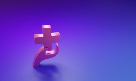Pink Heart with a cross icon isolated on purple-blue background. First aid. Healthcare, medical and pharmacy sign. Minimalism concept. 3D render illustration.の写真素材
