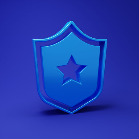 Blue Police badge icon isolated on blue background. Sheriff badge sign. Shield with star symbol. Minimalism concept. 3D render illustration.の写真素材