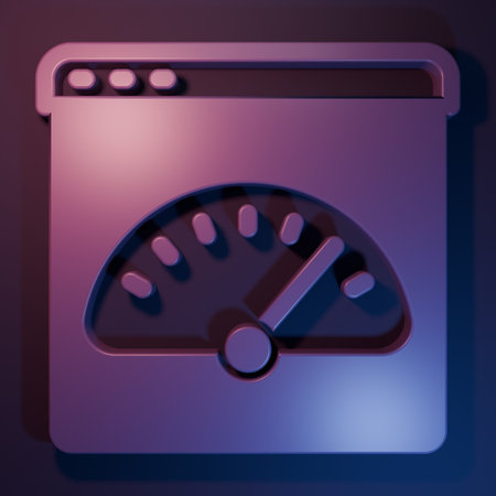 Purple Digital speed meter icon isolated on purple-blue background. Global network high speed connection data rate technology. Minimalism concept. 3D render illustration.の写真素材