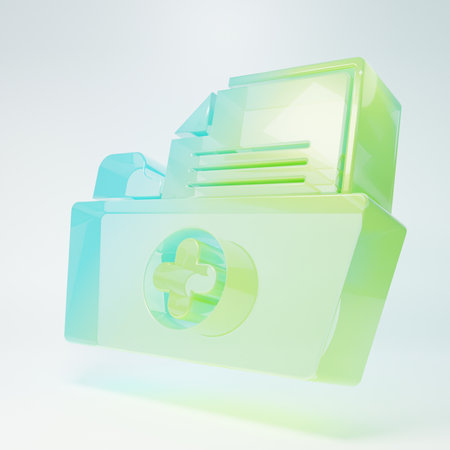 Frosted glass Medical health record folder for healthcare icon isolated on white background. Patient file icon. Medical history symbol. Minimalism concept. 3D render illustration.の写真素材