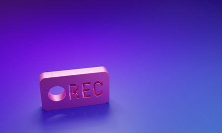 Pink Record button icon isolated on purple-blue background. Rec button. Minimalism concept. 3D render illustration.の写真素材