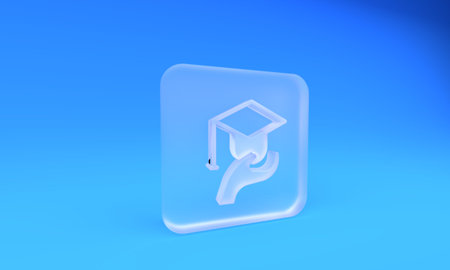 Frosted glass Education grant icon isolated on blue background. Tuition fee, financial education, budget fund, scholarship program, graduation hat. Square frosted glass button. 3D render illustration.の写真素材