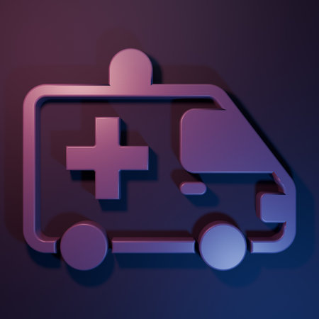 Purple Ambulance and emergency car icon isolated on purple-blue background. Ambulance vehicle medical evacuation. Minimalism concept. 3D render illustration.の写真素材