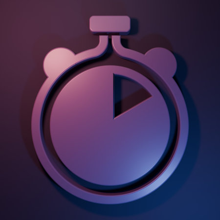 Purple Stopwatch icon isolated on purple-blue background. Time timer sign. Chronometer sign Minimalism concept. 3D render illustration.の写真素材