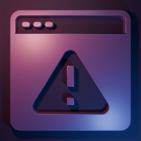 Browser with exclamation mark icon isolated on purple-blue background. Alert message smartphone notification. Minimalism concept. 3D render illustration.の写真素材