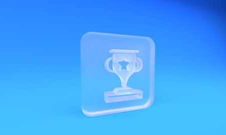 Frosted glass Award cup icon isolated on blue background. Winner trophy symbol. Championship or competition trophy. Sports achievement sign. Square frosted glass button. 3D render illustration.の写真素材