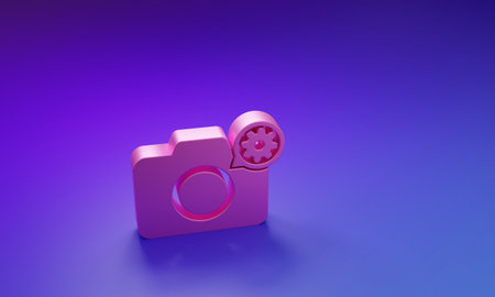 Pink Photo camera and gear icon isolated on purple-blue background. Adjusting app, service concept, setting options, maintenance, repair, fixing. Minimalism concept. 3D render illustration.の写真素材